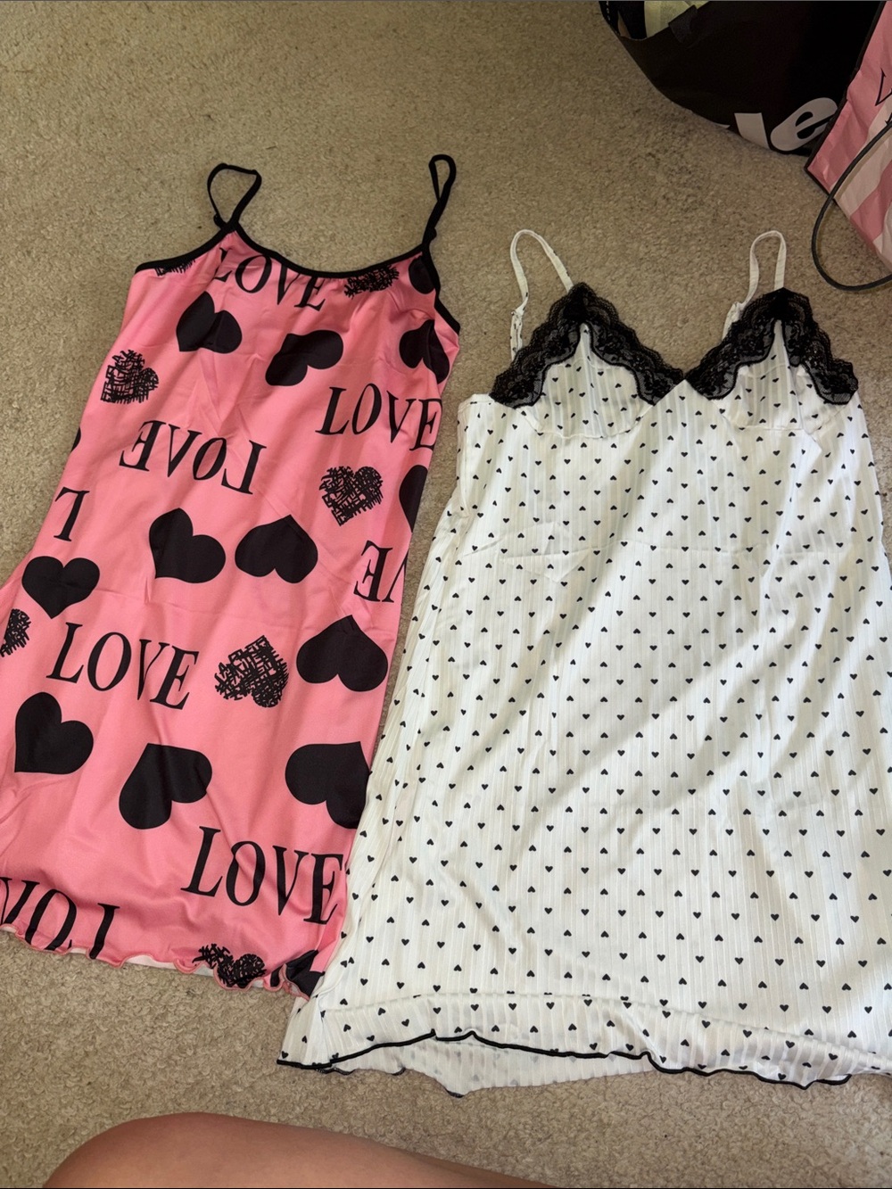 Pink Heart & 'LOVE' Printed Slip Dress with Black Trim and white sleep dress
